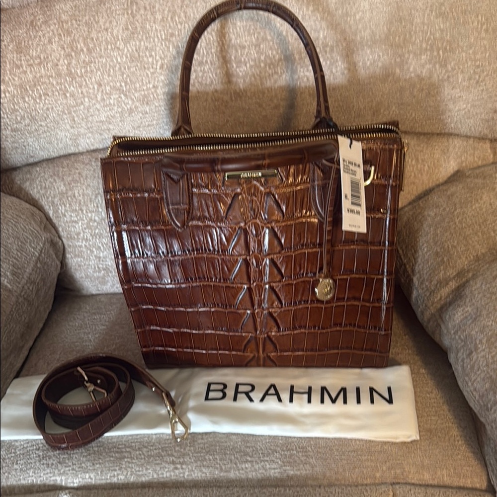 NWT Brahmin Caroline Chestnut Mariana Crocodile Embossed Genuine   Leather